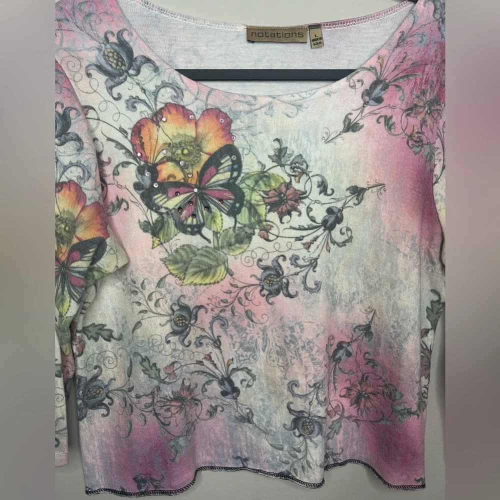 Vintage Y2K Butterfly Flower Rhinestone Bling 3/4 Sleeve Pink Notations Top L